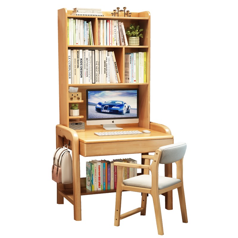 实木书桌书架一体儿童学习桌家用学生升降写字桌小户型卧室电脑桌