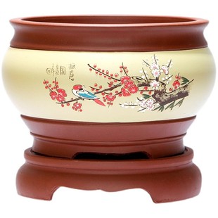 古典精品刻绘透气花盆 桌面室内个性 紫砂花盆兰花花盆 盆景盆中等