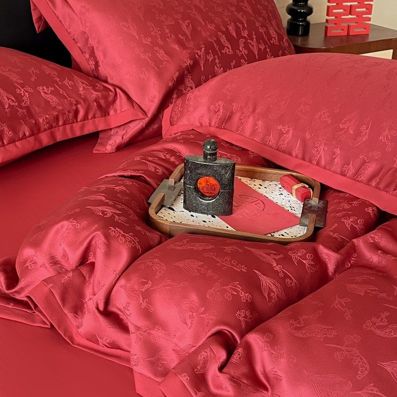 高级感中式提花结婚四件套红色全棉床单被套婚嫁床笠床上用品,床上用品,婚庆床品套件,淘宝优惠券,粉丝福利购,淘宝优惠卷
