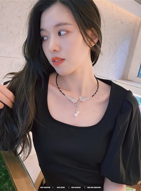 新款天然珍珠尖晶石项链小众设计锁骨链精致项圈短款颈链女气质