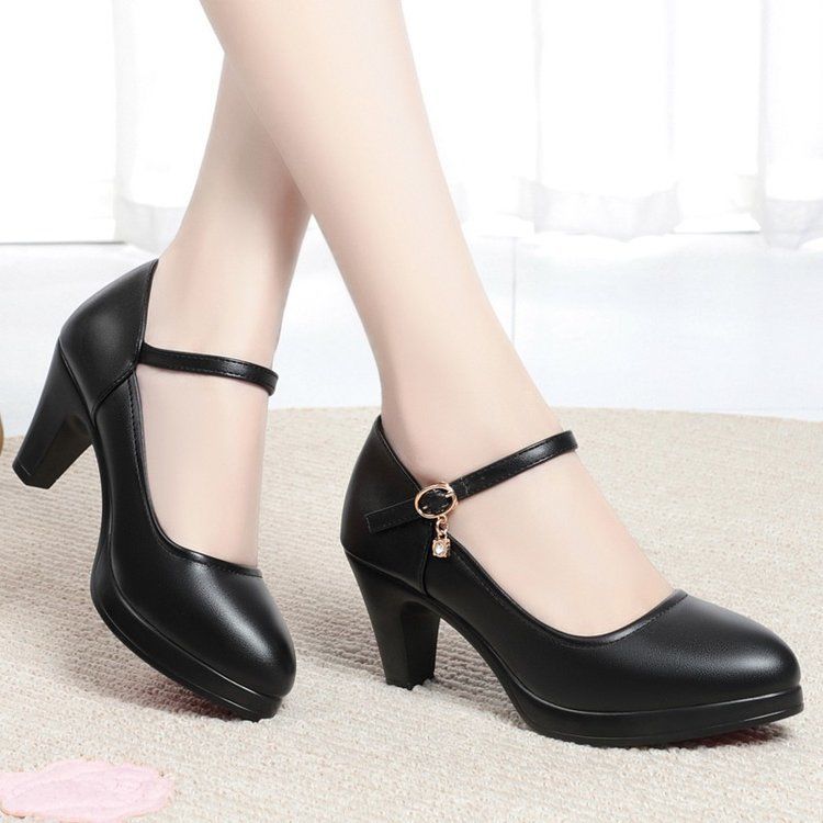 真软皮一字扣单鞋模特软防水台粗跟旗袍走秀高跟鞋女中老年妈妈鞋
