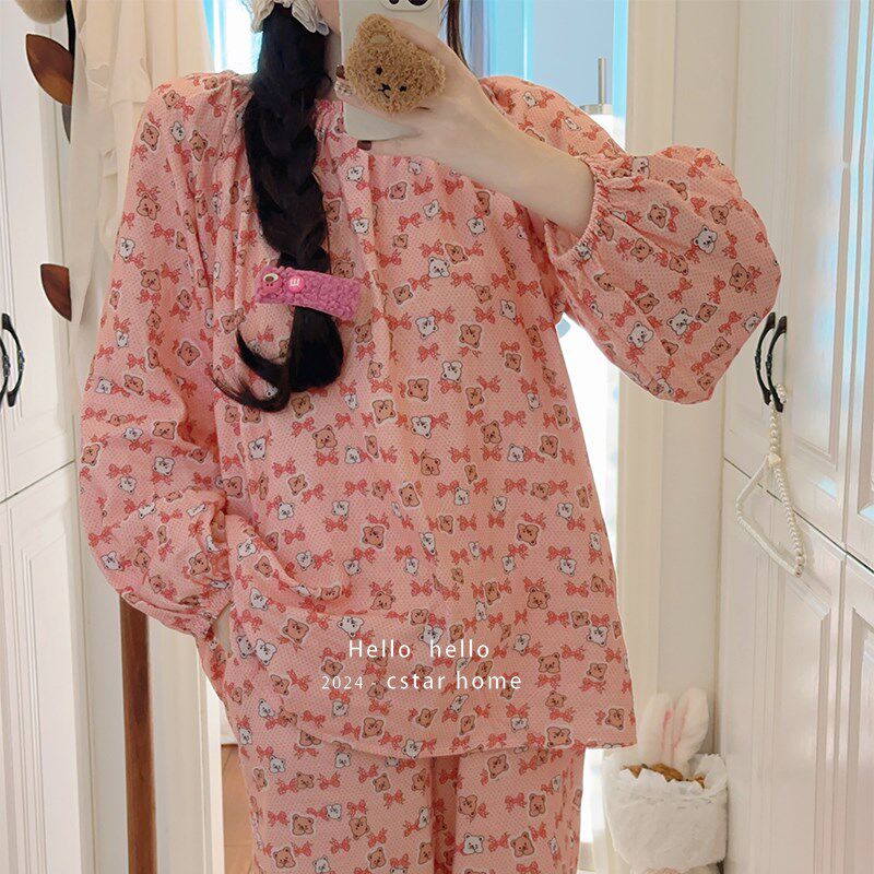 软呼呼~长袖长裤睡衣套装女秋季有口袋纱布双层纱宽松家居服