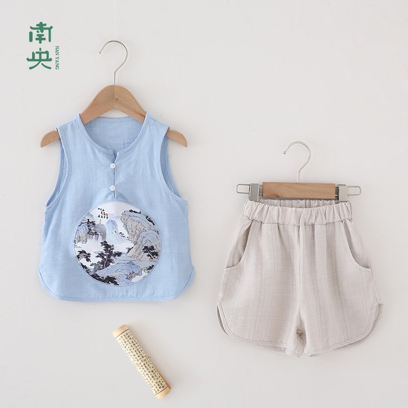 汉服男童夏季薄款背心套装民族风唐装儿童无袖两件套男孩纯棉夏装