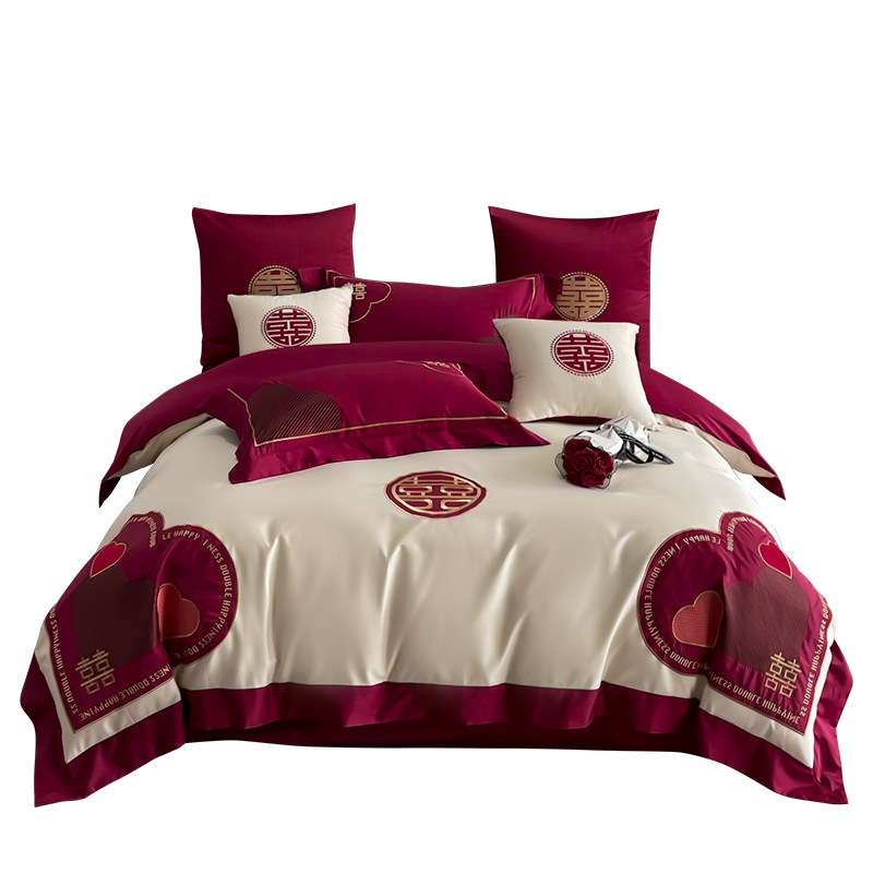 公主风120支长绒棉刺绣结婚四件套大红全棉简约婚庆房陪嫁礼床品4,床上用品,婚庆床品套件,淘宝优惠券,粉丝福利购,淘宝优惠卷