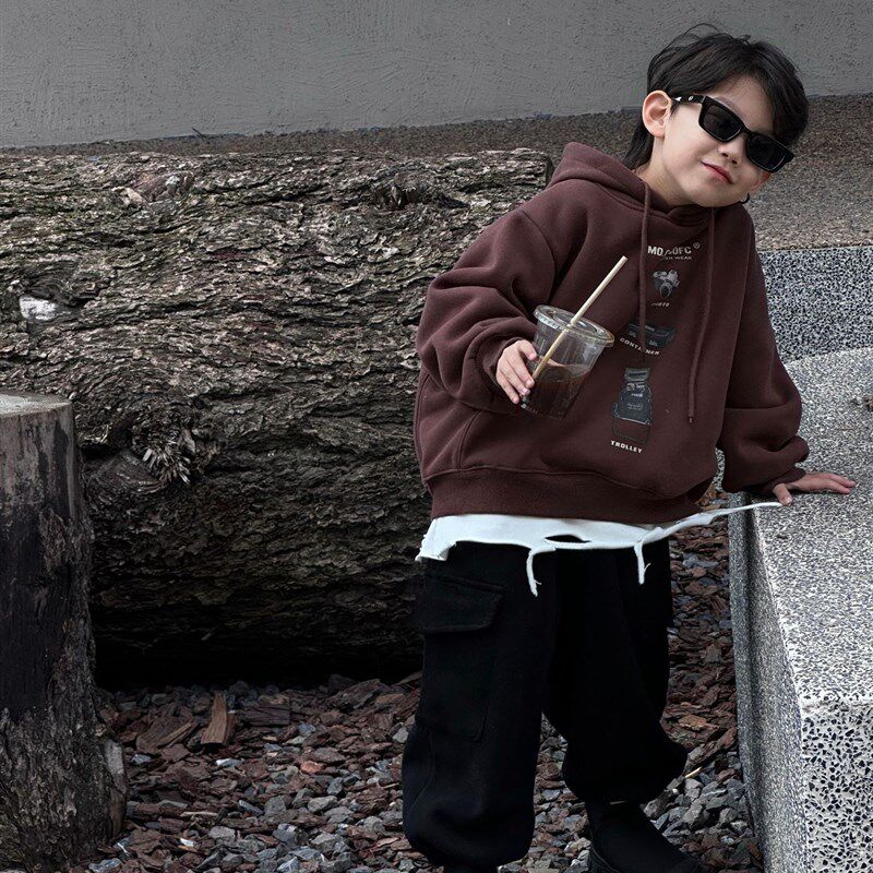 貌貌妈家2023冬季新款韩版男童休闲连帽运动衫宝宝套头上衣加绒加