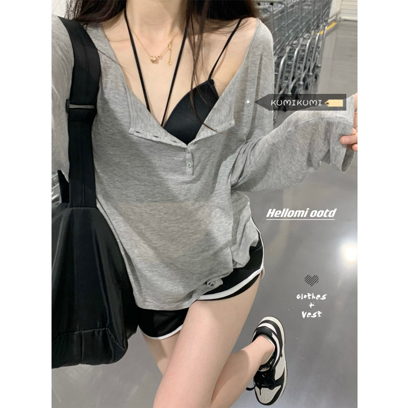 新品bm甜辣设计感小众V领防晒衫上衣女夏季薄款宽U松长袖中长款打