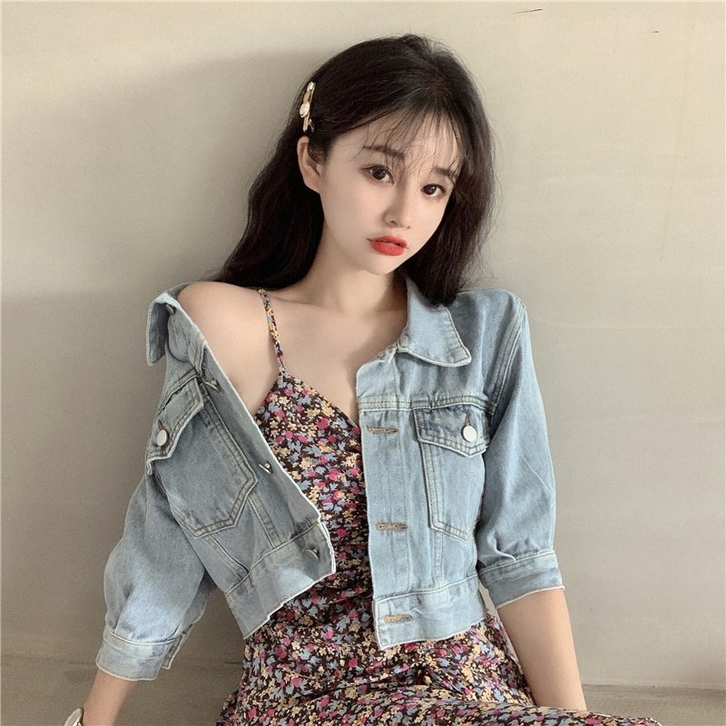 热销短袖牛仔外套女早秋季欧货时尚马甲复古中袖上衣短款休闲外搭