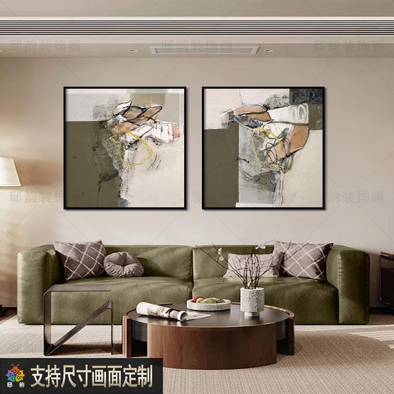抽象色块民宿酒店挂画样板间油画布软装无框画侘寂风正方形装饰画图片