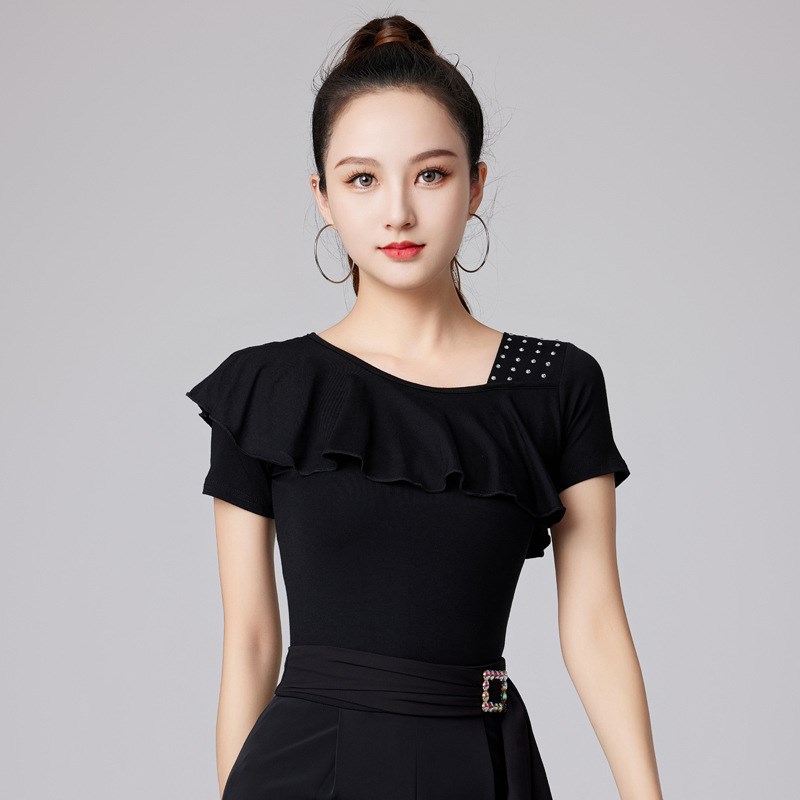 精选拉丁舞上衣女新款时尚摩登舞练功服荷叶边国标V舞设计感交谊