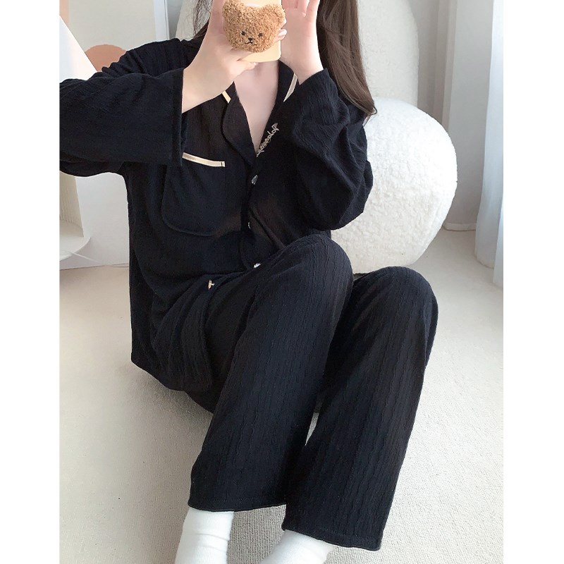 高级感简约黑色睡衣女款春秋季2024新款带胸垫长袖套装薄款家居服