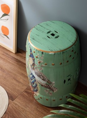 复古陶瓷坐墩花鸟陶艺凳客厅陶瓷花台花架家居新中式陶瓷鼓凳子