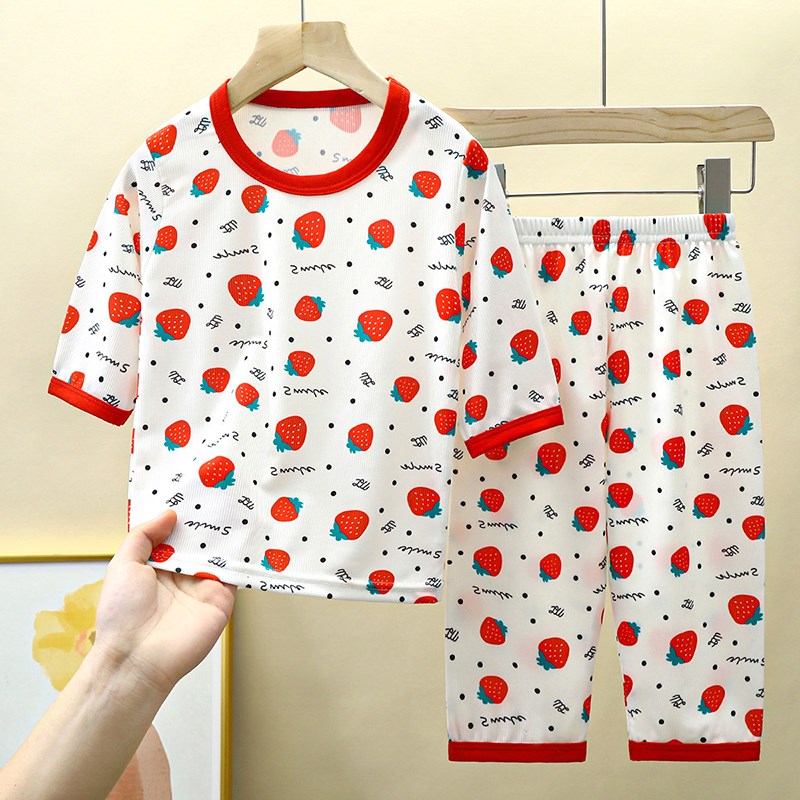 热销儿童冰丝睡衣男孩女孩家居服夏款小宝宝七分袖夏天薄款套装婴