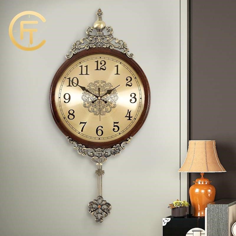 胖匠欧式客厅钟表轻奢复古挂钟家用实木静音时钟表黑檀木电波机芯