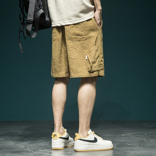 工装 宽松直筒五分亚麻休闲百搭中裤 短裤 透气棉麻裤 男夏季 日系薄款