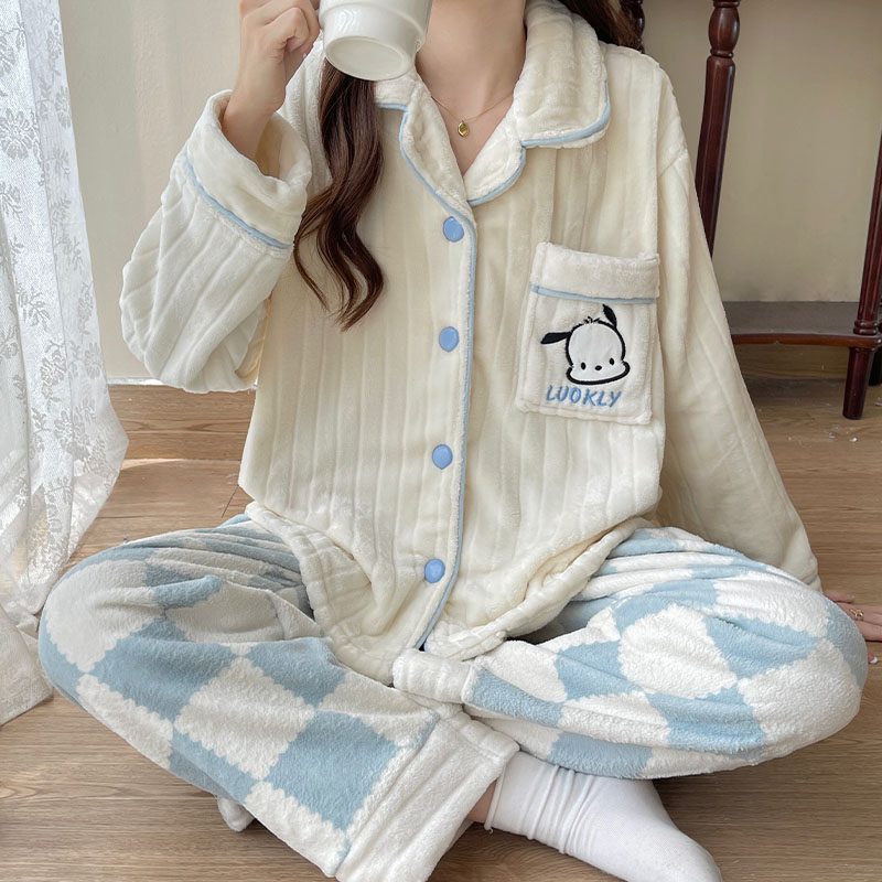 2023年新款珊k瑚绒睡衣女秋冬季加绒加厚开衫法兰绒春天家居服套