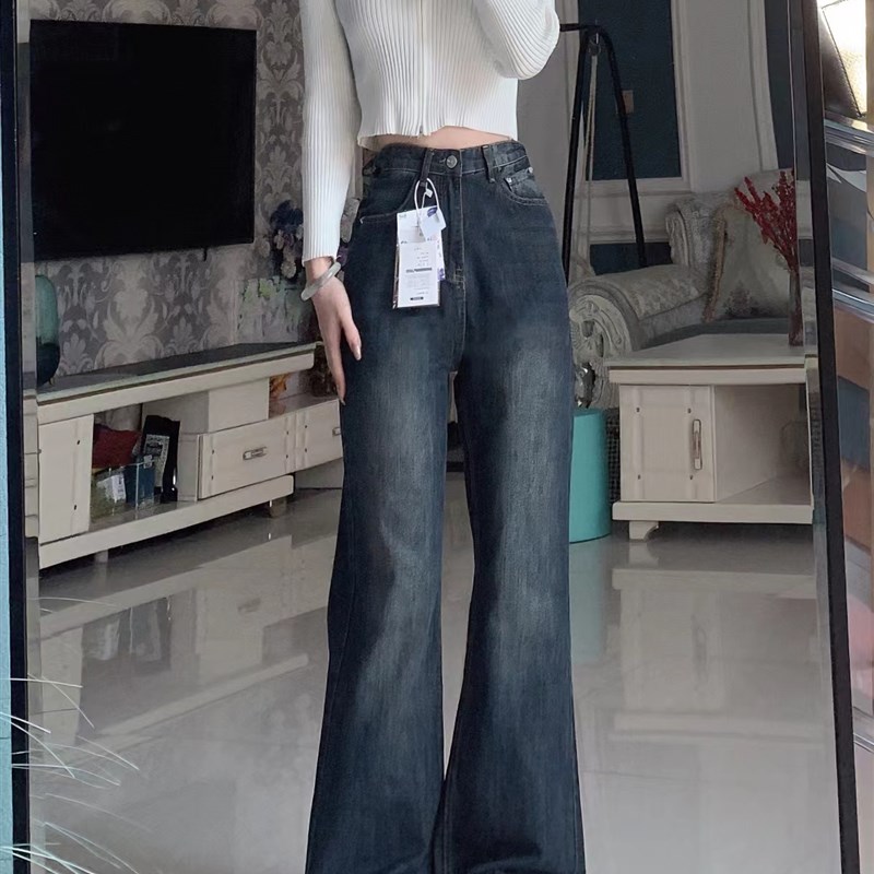 复古蓝色直筒裤牛仔裤女夏季宽松阔腿裤高街微喇叭裤拖地长裤子潮