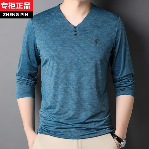 冰丝长袖t恤男士Vl领滑料中年潮流体桖2022春秋新款上衣夏季簿款