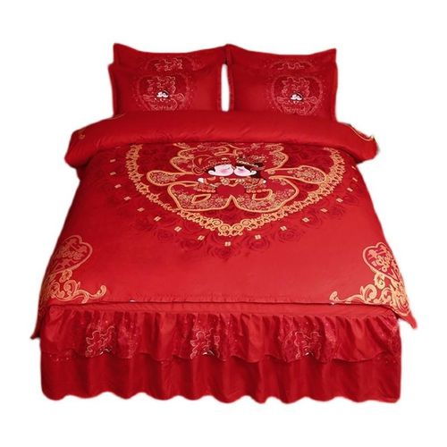 加厚婚庆四件套床裙式全棉磨毛床单中式新婚大红色2.0米被套