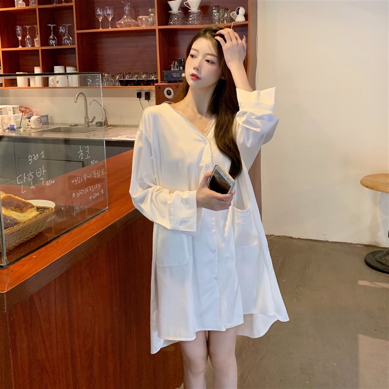 现货大码春秋季薄款睡衣女蕾丝性感D白衬衫胖mm高级感冰丝睡裙长