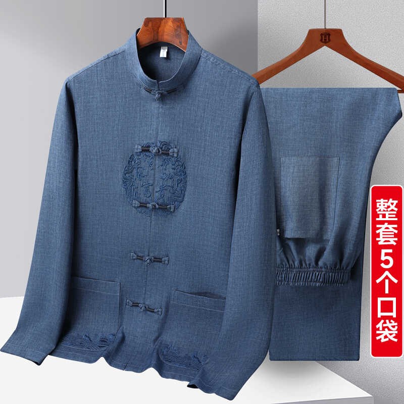 中老年棉麻长袖唐装套装夏季爸爸装夏装中国风男装爷爷老年人衣服