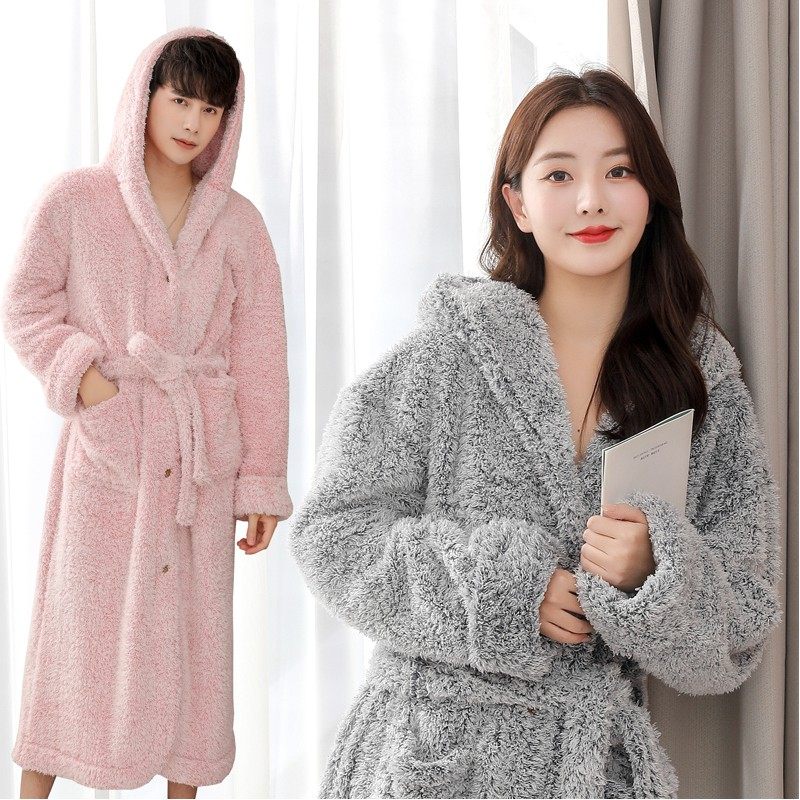 睡裙女冬超长到脚踝加厚加绒连帽睡袍纽扣睡衣男大码230斤可外穿