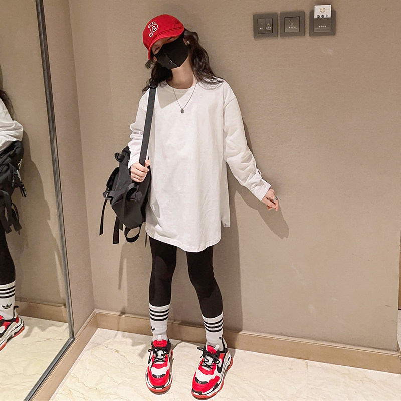 热销女童打底衫2024春装新款儿童中长款时尚白色长袖T恤春秋女童