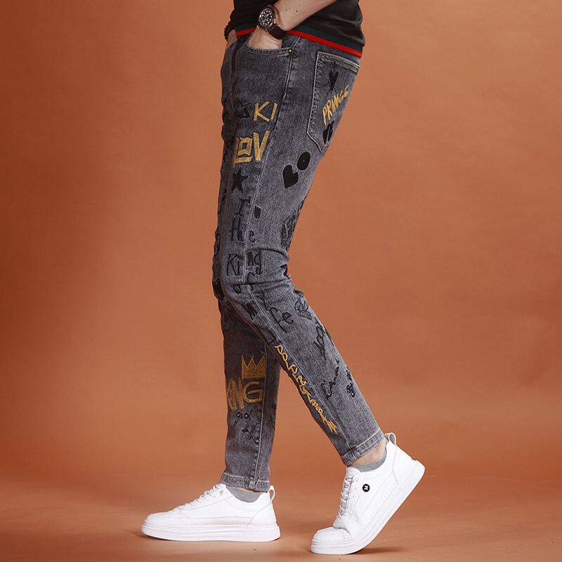 高端刺绣花牛仔裤男士中腰新款潮牌修身小脚韩版潮流休闲裤子薄款