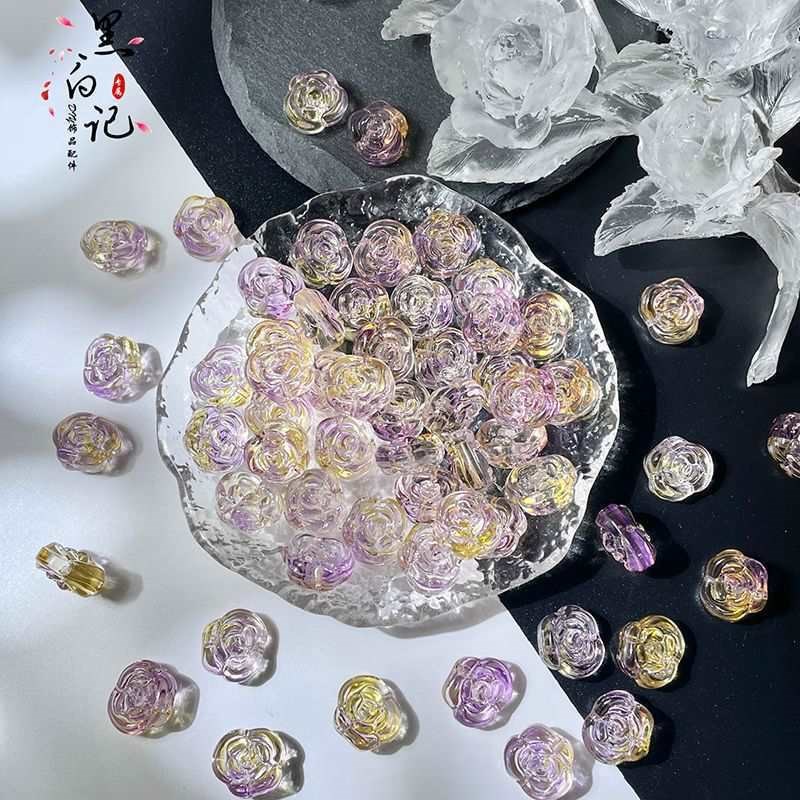 50颗装12mm琉璃玫瑰花玻璃珠子横孔DIY手工串珠手链项Z链制作材料