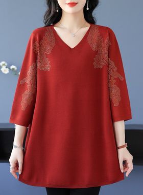 中年妈妈秋装中长款冰丝t恤加肥加大码女装老年宽松遮肚7分袖上衣