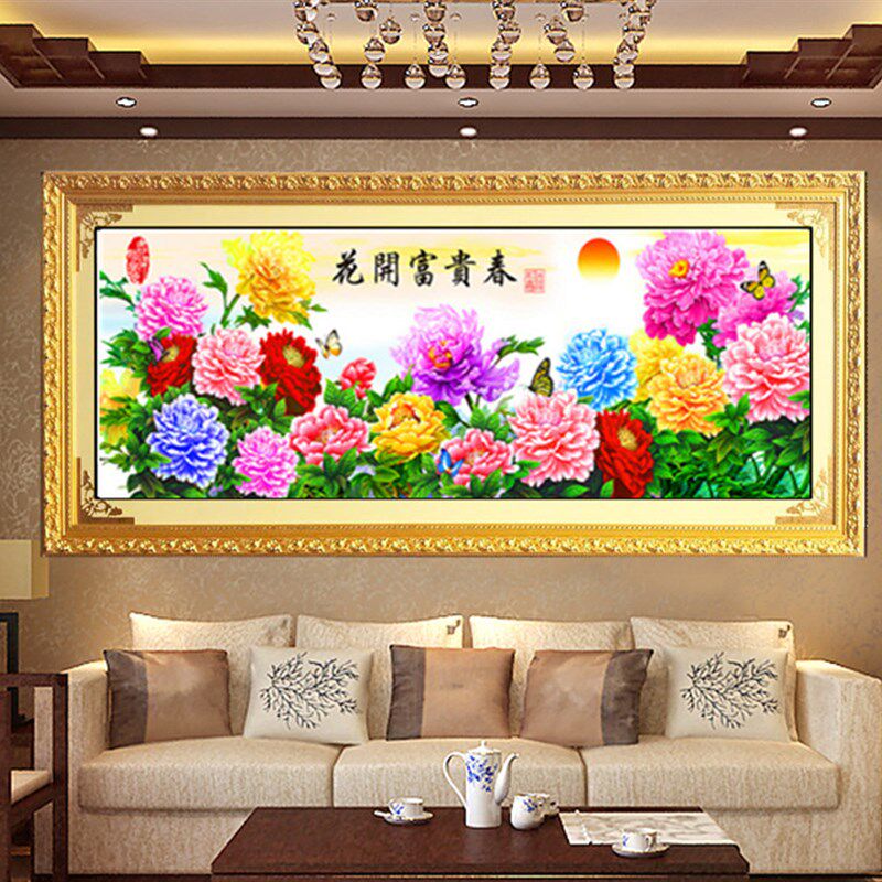 厂家带框架已装裱纯手工绣u好的十字绣成品花开富贵春牡丹大幅乔