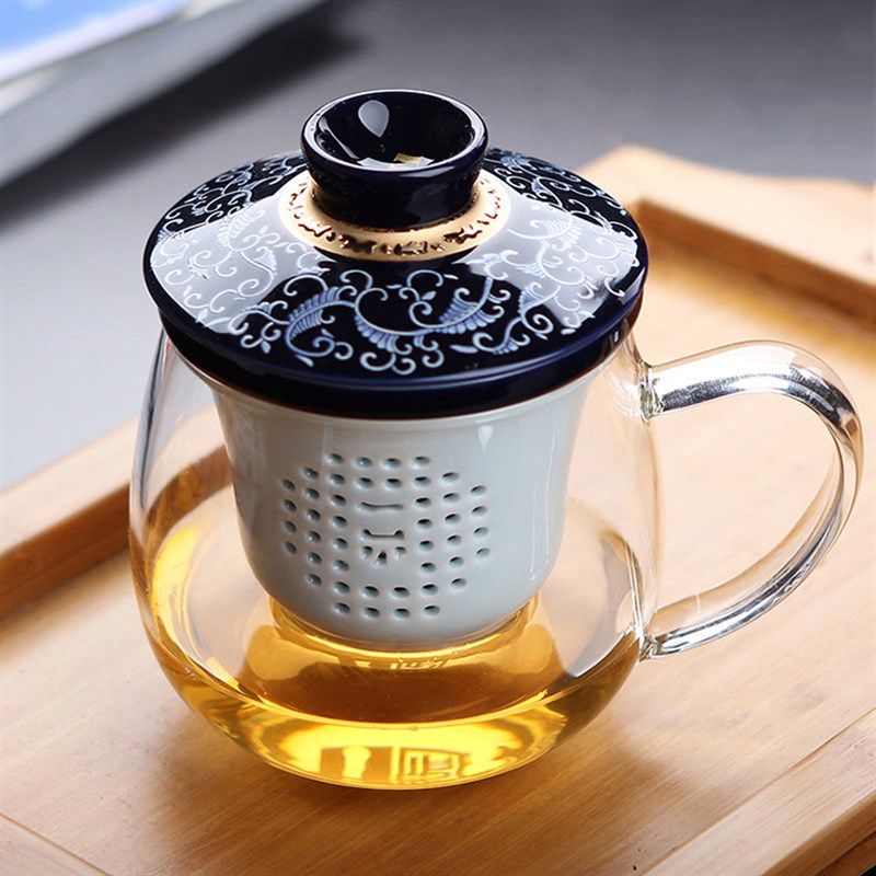 茶杯陶瓷带盖耐热玻璃带把茶杯功夫茶杯一园茶具办公杯泡茶三件