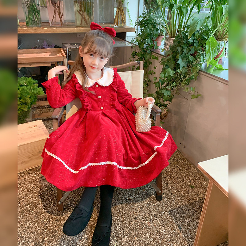 女童洋装2023新款秋冬装洋派小女孩公主裙加绒儿童套装冬季冬裙子