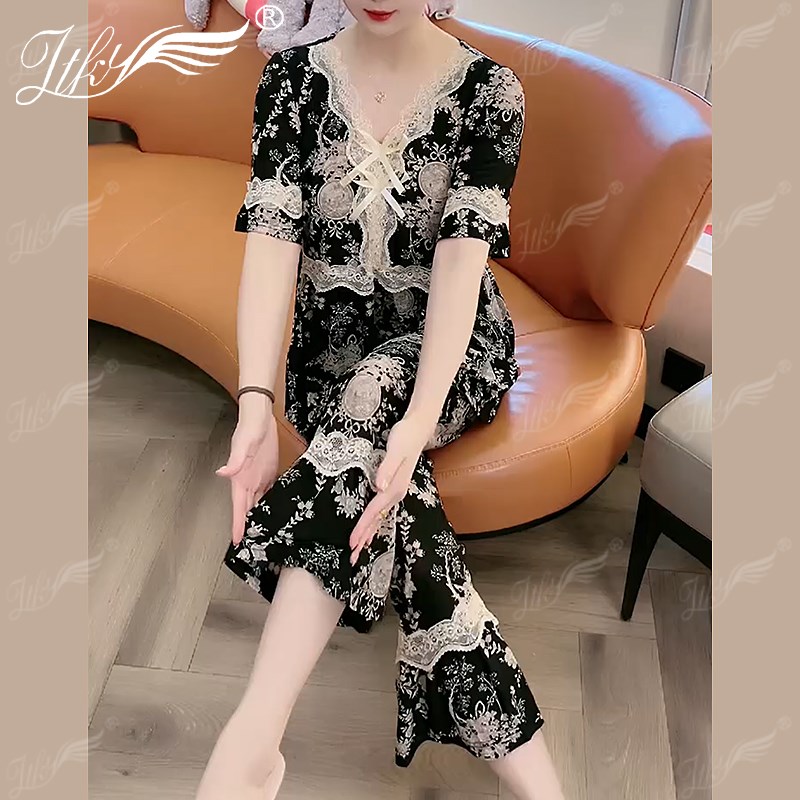网红爆款睡衣女夏天新款V领蕾丝半袖七分裤速干洋气家居服两件套