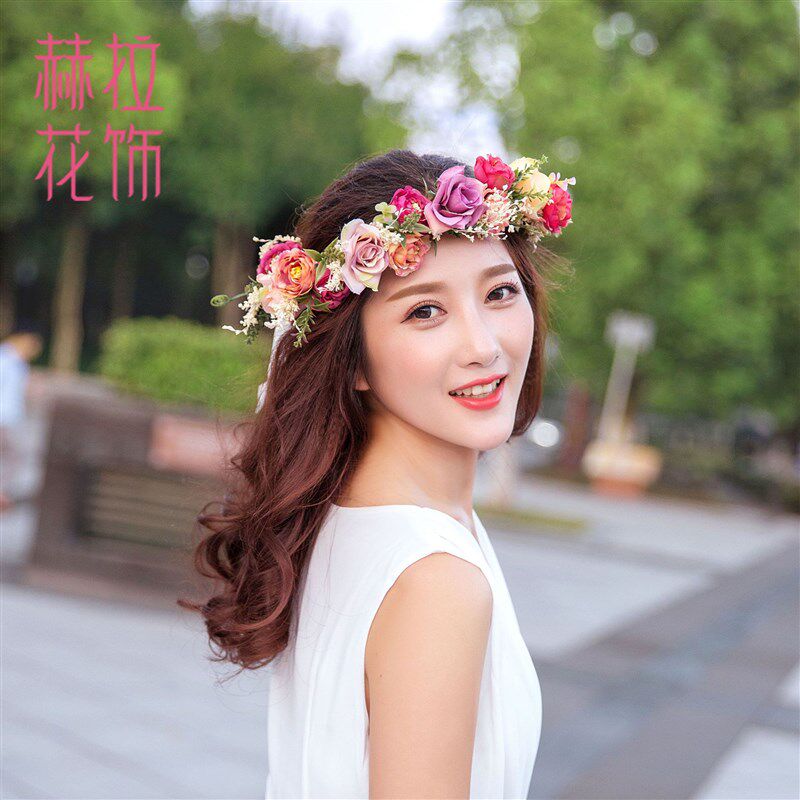 小众高货夏威夷花环海边度假拍照森系新娘表演头饰发箍玫瑰花旅游