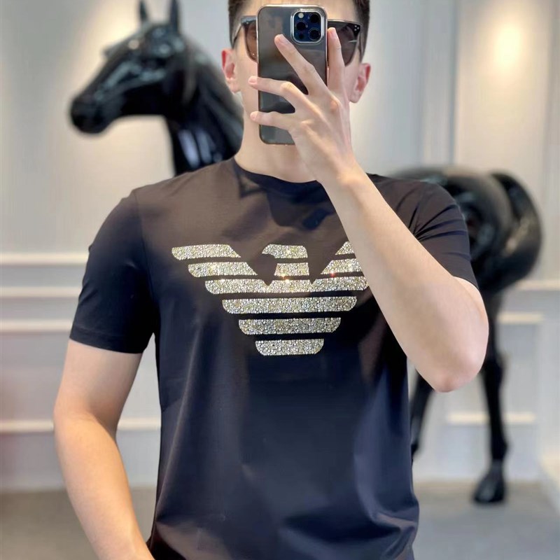 欧洲站夏季潮牌烫钻男士短袖T恤修身圆领半袖大码流行时尚上衣潮