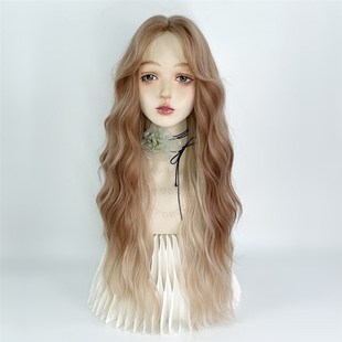 小额蕾丝假发手钩中分金棕挑染白金y2k水波纹羊毛卷大波浪长卷发