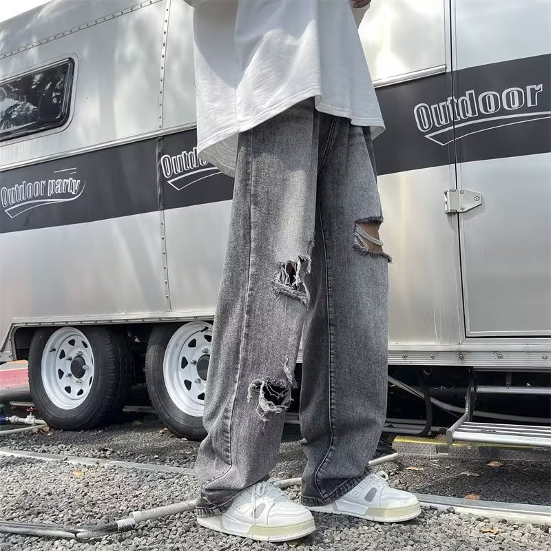 热销美式街头嘻哈破洞牛仔裤男款潮牌水洗做旧宽松直筒oversize阔
