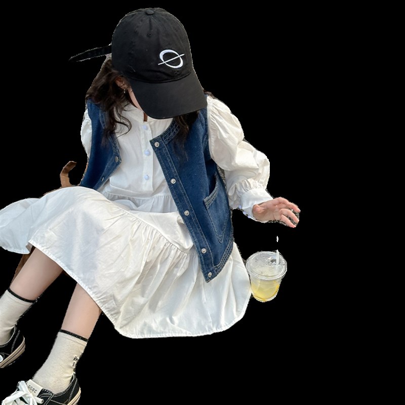 现货女童拼接衬衫连衣裙牛仔马甲套装2024新款中大童纯色洋气时尚