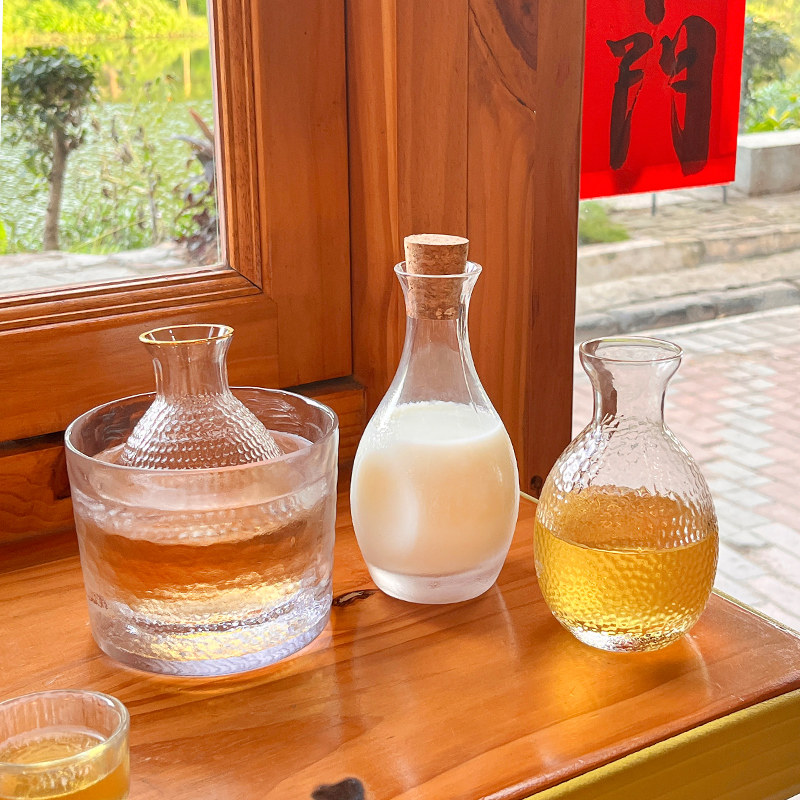 新中式玻璃杯壶托盘套装茶馆锤纹清酒壶创意冷萃茶杯冷泡茶水杯子