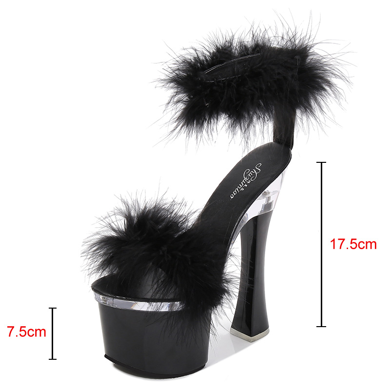 速发2020 New 4 Color Feather Thick High Heels Platform Sanda