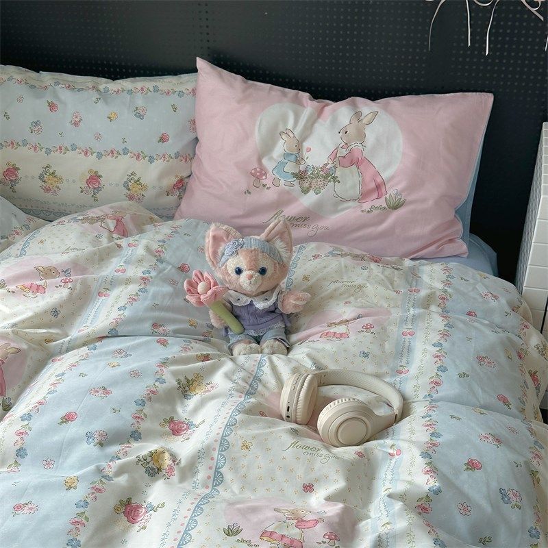 梨梦 花兔兔 卡通可爱四件套全棉床单被套床笠款宿舍床上用品,床上用品,床品套件/四件套/多件套,淘宝优惠券,粉丝福利购,淘宝优惠卷