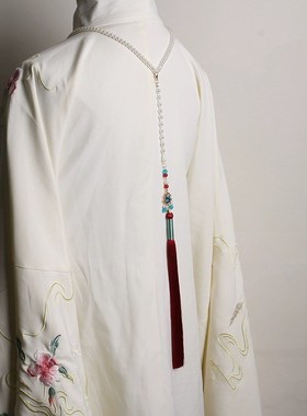 汉服古风马面裙明制颈饰白莲项链流苏宫J廷复古百搭软璎珞长款背