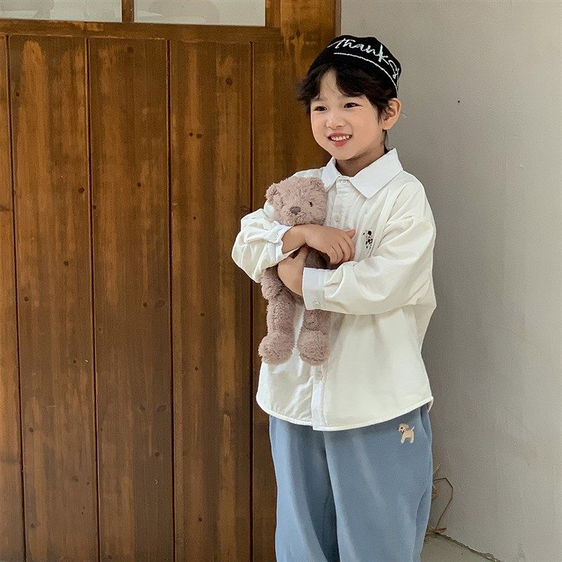 虾酱麻麻男童加绒白衬衫秋冬款2024新款宝宝卡通刺绣儿童长袖衬衣