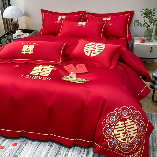 婚庆四件套大红简约喜被套刺绣床单笠新结婚房嫁礼中式床上用品4