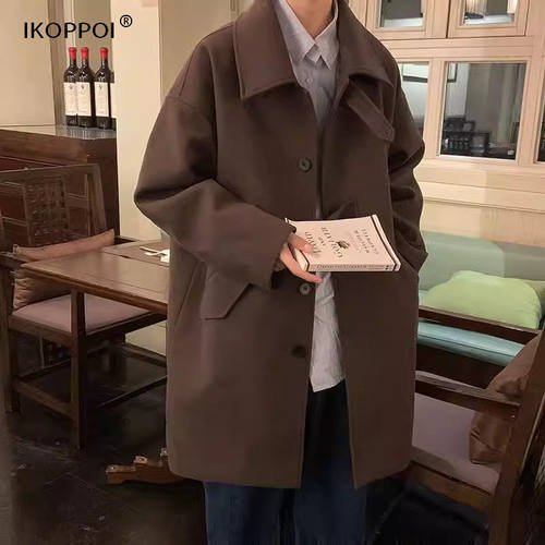 中长款毛呢大衣男士秋冬季韩版宽松纯色风衣英伦风过膝呢子外套