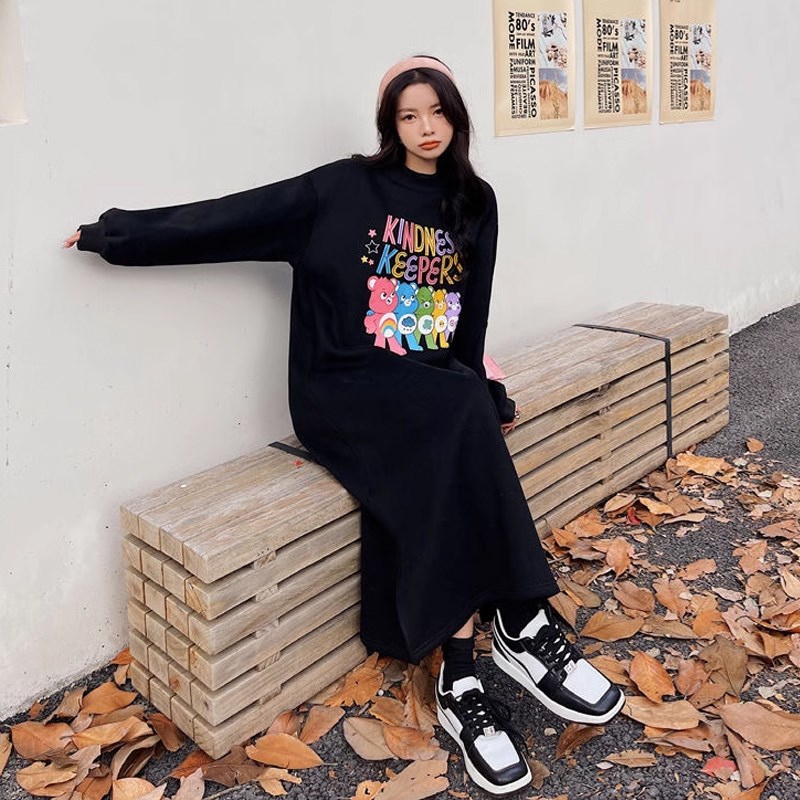 大码胖mm秋季连衣裙加绒加厚宽松遮肉过膝长款卫衣女韩版长裙子潮