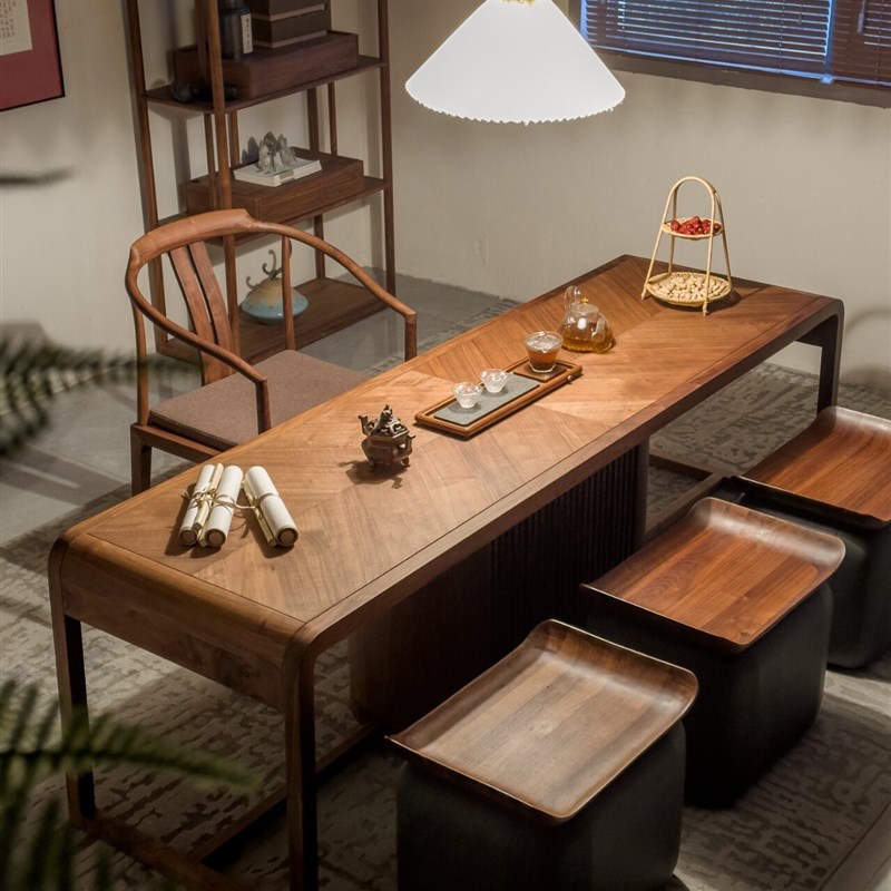 新中式北美黑胡桃木茶桌休闲现代家用茶室工作室功夫泡茶台