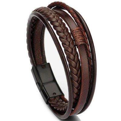推荐ndy Genuine Leather Bracelets Men Stainless Steel Multil