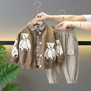 男童春秋季套装2024新款酷帅气时髦小童毛衣儿童男孩宝宝三件套潮