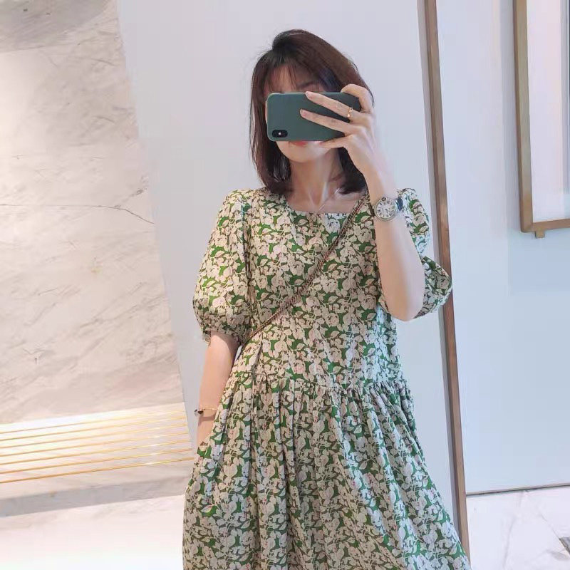 欧洲站2023新款宽松遮肚显瘦长裙子高级感泡泡袖碎花连衣裙夏季女